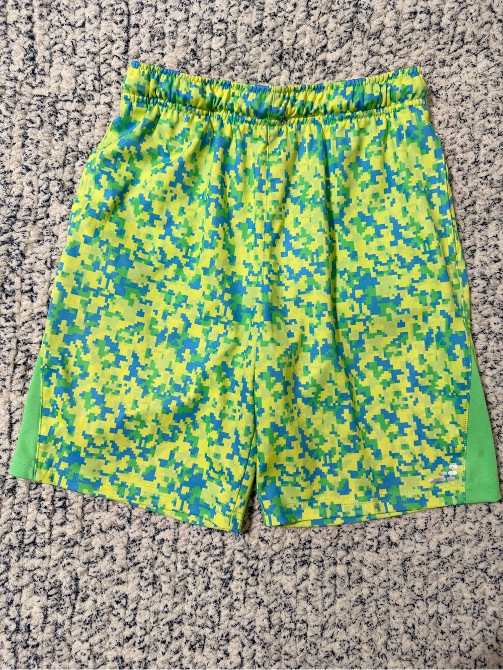 bcg Neon Green and Blue Pixel Camo Athletic Shorts